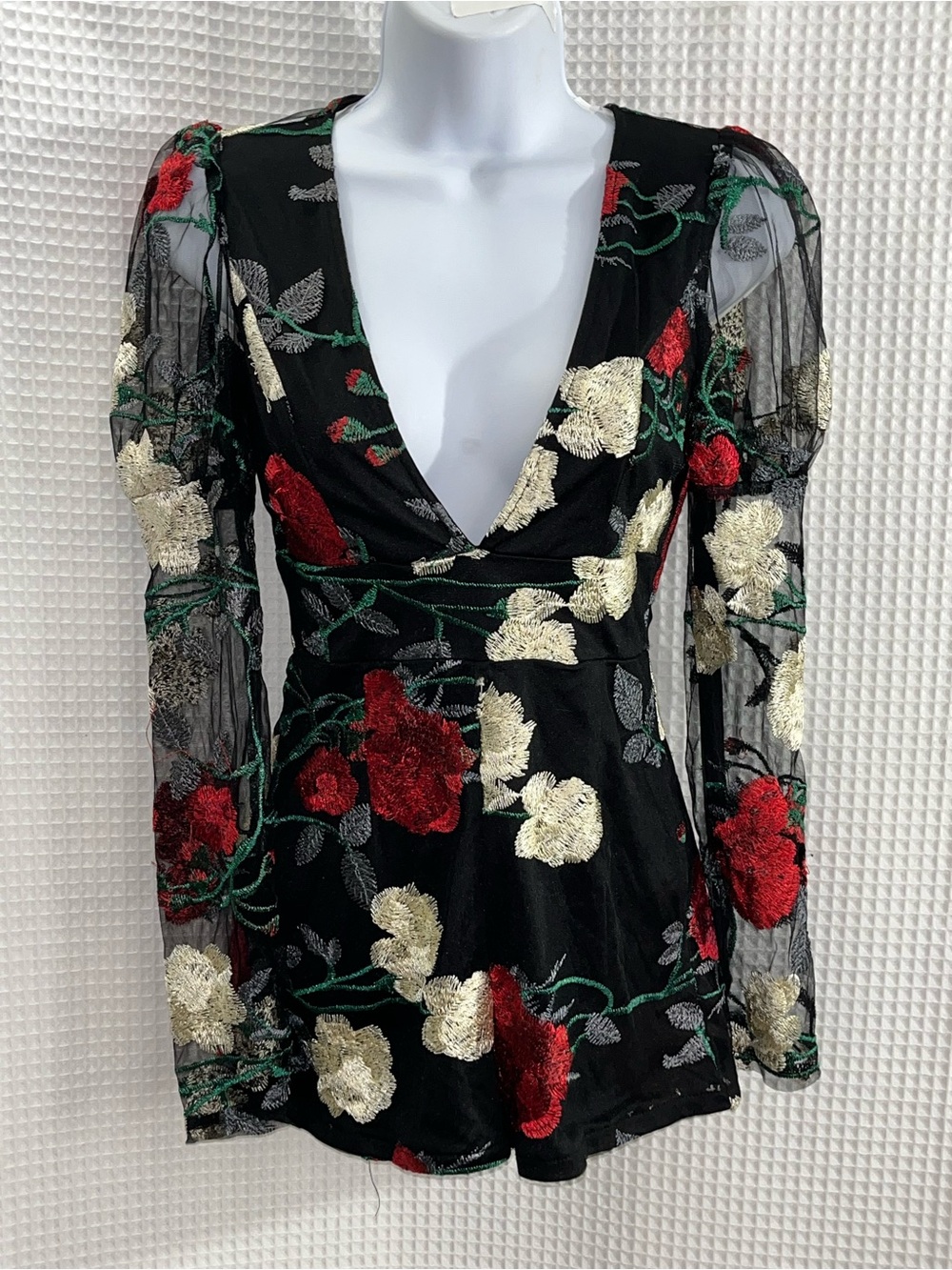 Prettylittlething Black Floral Embroidered Long Sleeve romper size 2